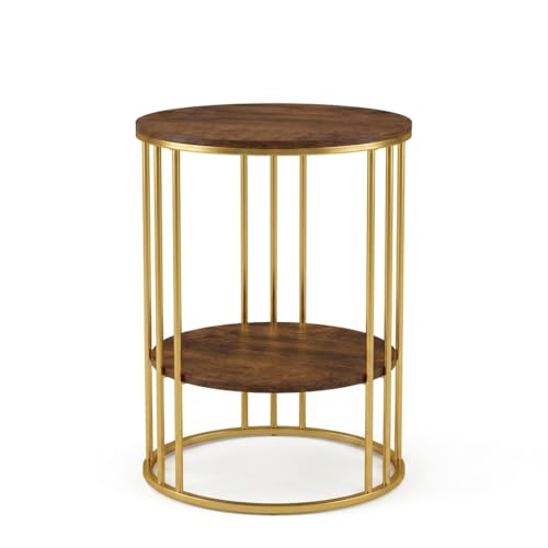 Image of Al Hama Round Coffee Table Sofa Side Accent End Table with Engineered Wood top and Black Metal Frame for Living Room (Gold Brown)