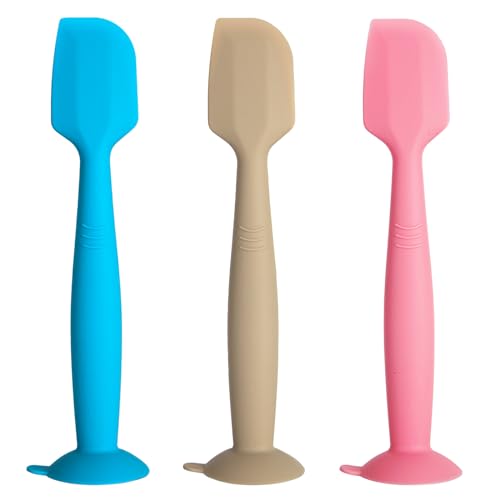 Image of juhg Baby Diaper Cream Spatula 3 Pack Butt Paste Spatula Soft Silicone Diaper Cream Applicator Butt Spatula Baby With Suction Cup Base (Blue Pink Beige)