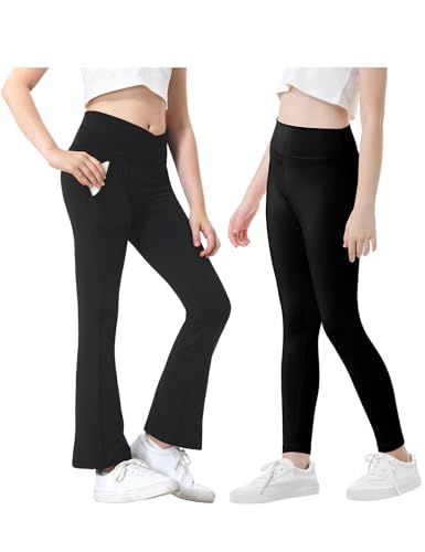 Bundle of Leggings with Pockets for Girls Solid Black Stretch High Waist Tummy Control Workout Dance Bootcut Yoga Pants