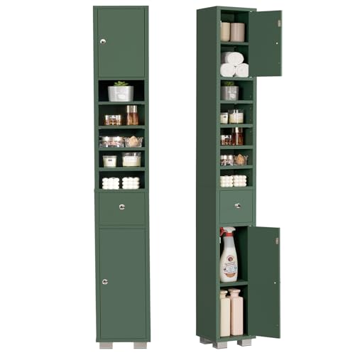 TEENFON Bathroom Cabinet, Narrow Bathroom Storage Cabinet with 5 Adjustable Shelves & Drawer, Freestanding Cupboard for Small Spaces, Green