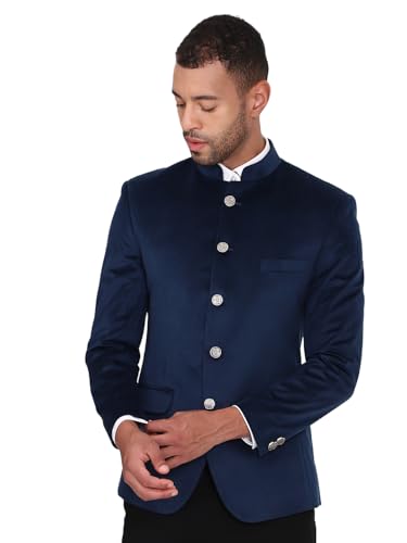 Image of MANQ Men Slim Fit Bandhgala Velvet Blazer - Mandarin Collar, Button Closure, Long Sleeves, Solid Ethnic Winter Wear with Three Pockets for Adults