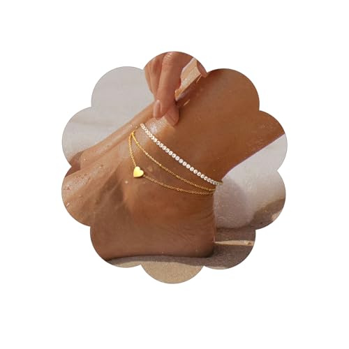 FindChic Black/Silver/Gold Plated Anklets Set of 2PCS/3PCS Herringbone Chain Cuban Link Heart Charm Sparkling Tennis Ankle Bracelets, Waterproof Summer Foot Jewelry for Beach 05. Gold-2PCS T