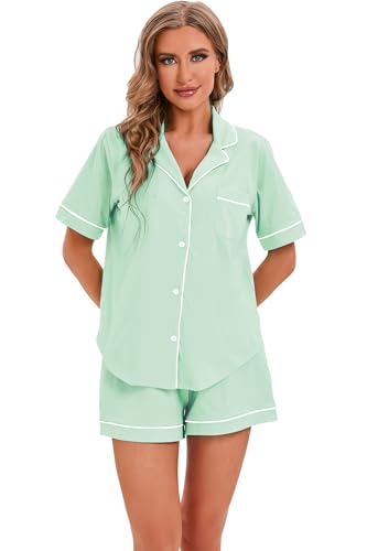 Image of LUBOT 100% Cotton Pajamas for Women 2 Piece PJ Set Button-Down Soft Knit Short Sleeve Summer Sleepwear Loungewear XS-XXL