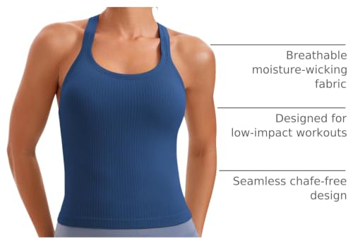 Image of CRZ YOGA Seamless Rib Racerback Tank Tops | Light Support, Built in Bra, Removable Pads, Yoga, Ribbed, High Neck, for Women