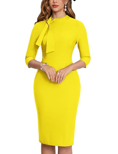 Image of MUXXN Women's Midi Pencil 1950s Vintage Cocktail 3 /4 Sleeve Tie Neck Bodycon Mid-Calf Dress with Pockets