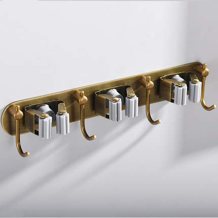 Mop Broom Holder Wall Mount Garden Tool Organizer, Brass Heavy Duty Tool Hanger with 3 Racks 4 Hooks for Kitchen Bathroom Closet Garage Office Laundry
