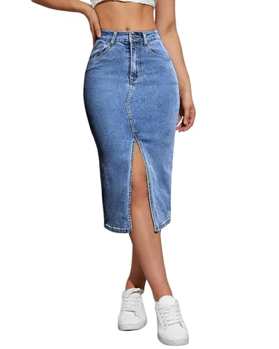 Women's Mid Length Stretch Denim Slit Skirt Comfortable Curve Enhancing for A Flattering Fit