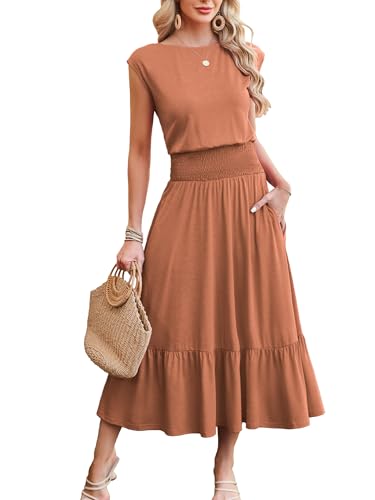 Image of Kikibell Womens Summer Dresses Cap Sleeve Elastic Waist Midi Dress with Pocket Long Causal Sundress Beach Vacation Outfits