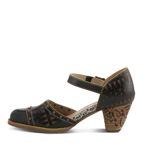 L'Artiste Women's NIOBELLA Hand-Painted Hook-and-Loop Mary Jane – Geometric Design, Decorative Buckle, Faux Stacked Heel2
