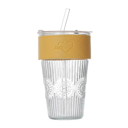 Image of Drinking Glass with Lids and Straw - 400ml, Set of 1, Fruit Juice Cups, Glass with Lids and Straws, Wide Neck, Coffee Glass for Coffee, Smoothie, Milkshake, Juice (Random Design, Multicolor)
