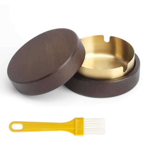 APOMOONS Cenicero exterior con cepillo de plástico nogal cenicero con tapa, para coches, oficinas, salones, balcones, para hombres, amigos, fumadores