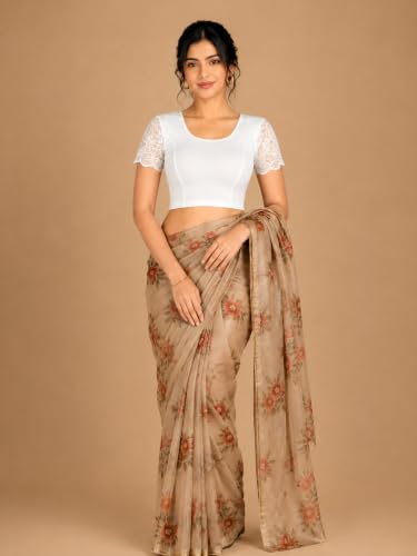 Image of Abhi Cotton Readymade Saree Blouse for Women- Half Net Sleeves, Round Neck, Regular-fit, Stretchable, Pull-on Style Blouse