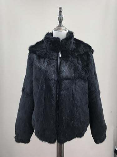 LVCOMEFF Women Natural Rabbit Fur Coat With Hood Jacket With High Collar Furry4