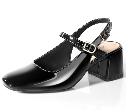 Ankis Mary Jane Chunky Low Heels Dress Shoes for Women Slingback Square Closed Toe Heels Wedding Party Pumps