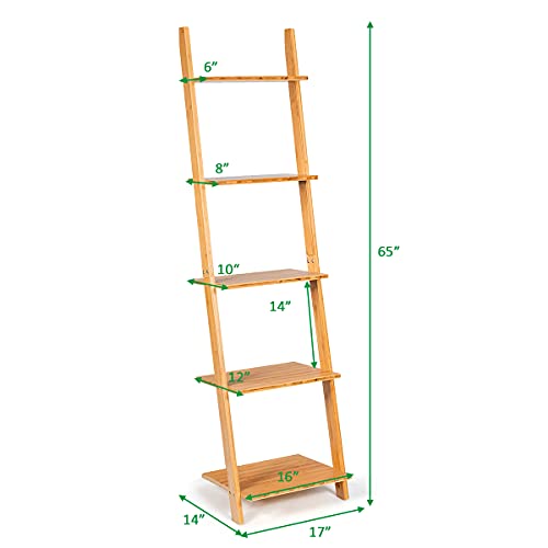 Tangkula Bamboo 5-Tier Ladder Shelf Bookshelf, Wall-Leaning Bookshelf, Plant Flower Stand, Storage Display Shelves For Living Room Bathroom Office, Multifunctional Ladder Bookcase (Natural) #TOP4