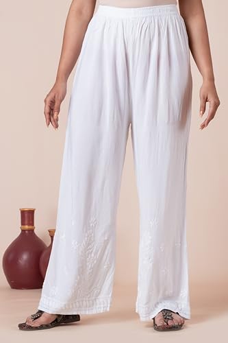 Image of Hand Embroidered Chikankari Soft MUL MUL Palazzo Free Size White (Size Free Size)