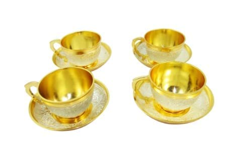 Kusum Metal & Sports Brass Cup and Saucers Set Gold Silver Plated Four Antique Set for 4