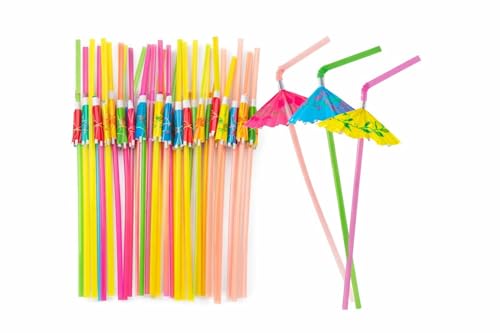 Image of Decorative Drinking Straws with Tropical Fruit and Umbrella Picks, Bendable Cocktail Straws for Party (Multicolor, Pack of 25pcs)