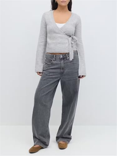 Women Y2k Wrap Tie Front Cropped Sweater Casual V Neck Long Sleeve Slim Fit Knit Top Lightweight Fall Outfits2