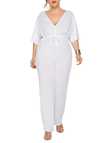 JFP JUST FOR PLUS Women Plus Size V Neck Elastic Waist Long Jumpsuit,L-3XL (FP6026-white, X-Large)