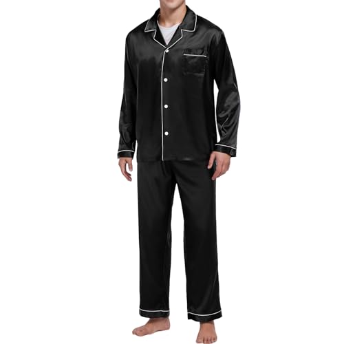 Men's 2 Piece Set Satin Pajamas Set Classic Long Sleeve and Long Pants Sleepwear Casual Two-Piece Suit