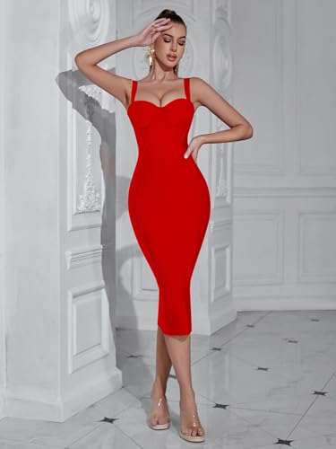 Image of Bandage Womens Formal Dress Spaghetti Strap Bodycon Prom Dress Celebrity Sexy Sleeveless Midi Evening Club Party Wear