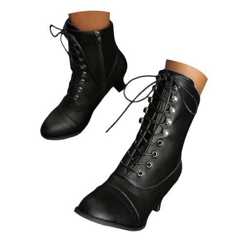 Victorian Boots for Women,Vintage Granny Witch Boot Renaissance Ankle Boot Low Heel Lace Up Booties with Zipper Fall Booties for Women 2025 Non Slip Work Boots Woman