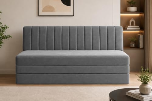 Image of 3-Seater Velvet Sofa Cum Bed | Convertible Sleeper Sofa | Modern Foldable Couch for Living Room, Bedroom & Office | Grey