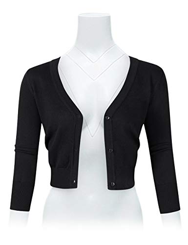 Glorystar Women's Casual 3/4 Sleeve Button Down Open Front Knit Cropped Cardigan Sweater Black L #TOP6