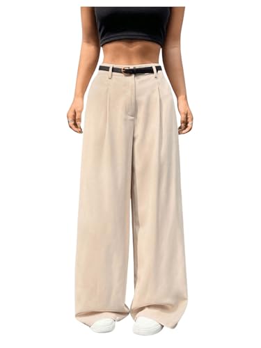MakeMeChic Women's Pleated Wide Leg Pants Belted Zip Fly Loose Fit Plain Trousers