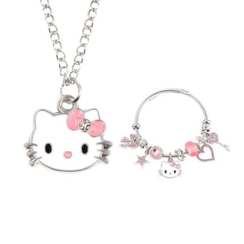 Gkaopi Parure Bijoux Femme Collier et Bracelet Set Chaton Mignon Anime Bracelet Fille Chaton Mignon Pendentif Collier Femme pour Les Filles Fête...