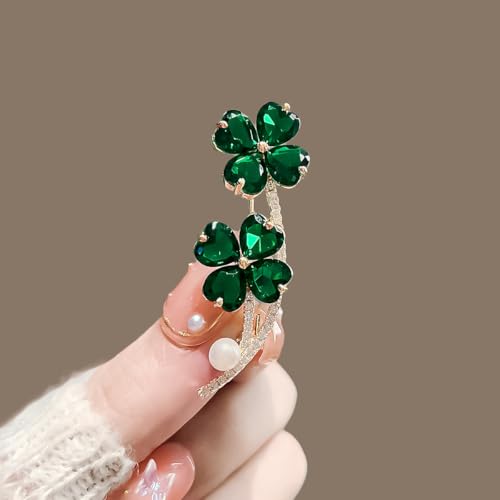 Image of Rhinestone Clover Leaf Brooch Pin, Green Four Leaf Clover Pin Shamrock Lapel Pin, Gold Plated Vintage Crystal Flower Brooches