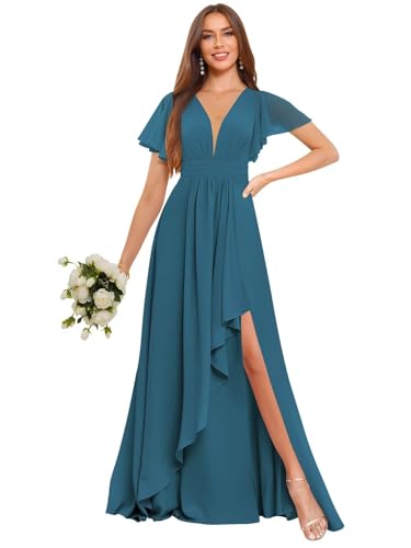Image of Deep V Neck Chiffon Bridesmaid Dresses Ruffle Formal Dress with Sleeves Pleated High Low Evening Gowns for Women