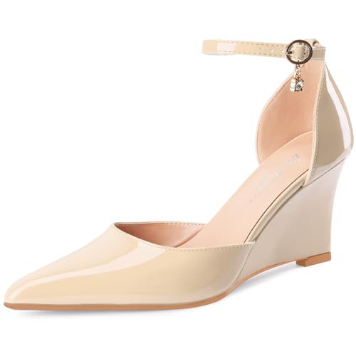 Oh Mispares Women's Wedge Pumps Pointed Closed Toe Wedge Heels for Women Adjustable Ankle Strap Comfortable High-Heeled Dress Shoes for Wedding Work Office Party