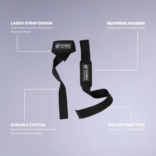Image of GYMRAT Weight Lifting Straps with Padded Neoprene for Deadlifts, Strength Training, Gym Workouts - 22 inch Cotton Straps for Men & Women | Premium Fitness Gear (DEADLIFT STRAPS, BLACK)