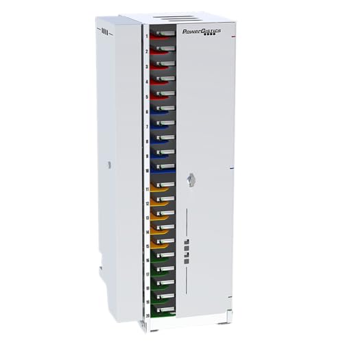 Image of Flex20 Bolt USB C Charging Station Cart for Chromebooks, Laptops and Tablets, USB C to C Cables Included, 20 Shelves, Charges Up to 20 Devices, PDU on Side, Made in USA by PowerGistics