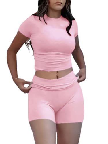 Image of AYWA Women's Two Piece Sets Summer Slim Fitted Short Sleeve Tops Foldover Shorts Matching Lounge Sets
