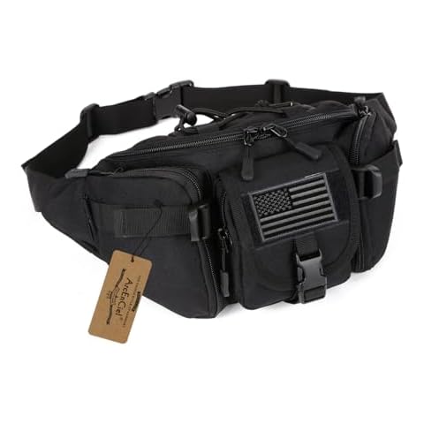 ArcEnCiel Tactical Fanny Pack for Men Waist Bag Hip Belt Outdoor Hiking Fishing Bumbag with Patch (Black) Cover
