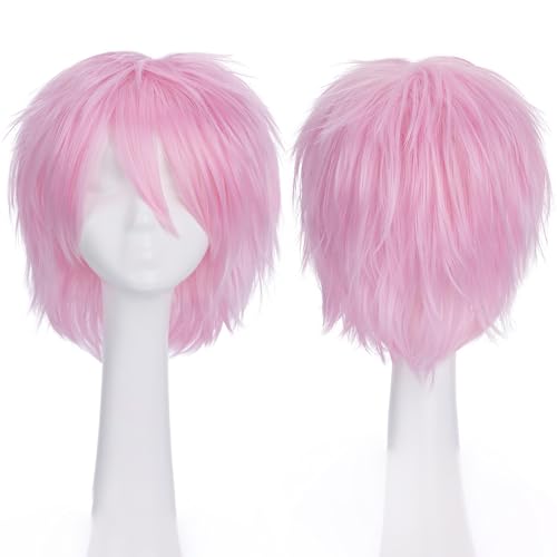 Image of S-noilite Unisex Short Pink Anime Cosplay Wig Women Men's Short Fluffy Layered Pixie Wigs Straight Heat Resistant Synthetic Full Wigs for Halloween Anime Comic-con Costume Party Dress Pink