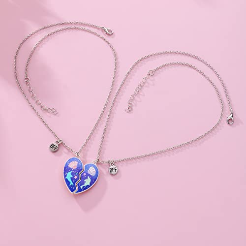 Cute Dolphin Shell BFF Friendship Necklace for Women Glitter Purple Funny Cartoon Animal Half Matching Heart Pendant Necklaces Set for 2 Birthday Christmas Graduation Jewelry Best Friend Bestie Sister Daughter Gifts4