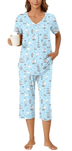 Image of Bestbee Women's Pajama Sets 2 Piece Lounge Outfits Summer Sleepwear V Neck Short Sleeve Capri Pant With Pockets Ladies Pjs
