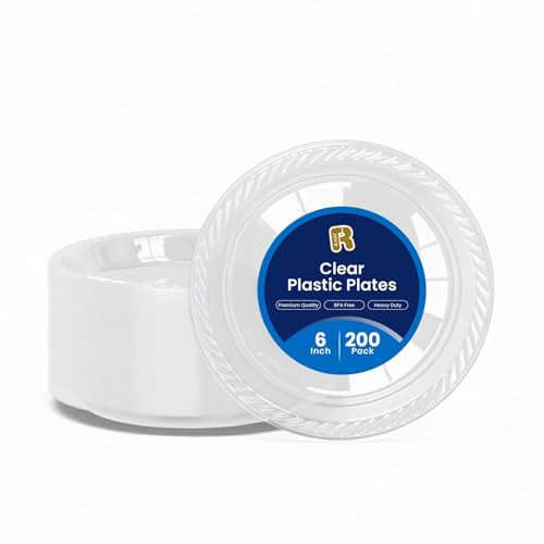 R-kay 200 Count 6 Inch Clear Plastic Plates - Heavy Duty Small Dessert Plates - Microwavable Small Appetizer Plates - Premium 6 inch Disposable Plates