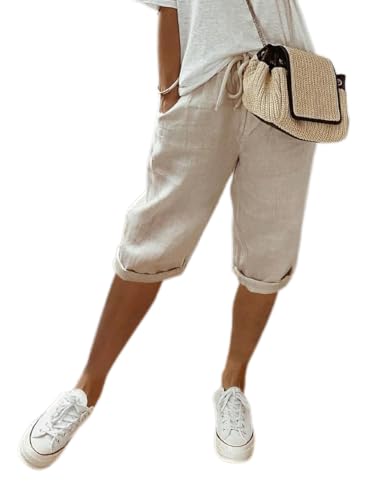 Akivide Linen Capris for Women Cotton Summer High Waisted Drawstring Casual Beach Trouser Cropped Pants with Pockets