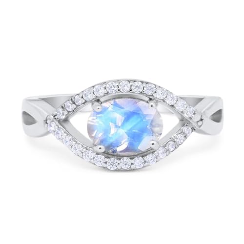 OMRANII Art Deco Oval Natural Moonstone Infinity Shank Vintage Style Evil Eye Halo CZ Wedding Engagement Ring 925 Sterling Silver Gifts For Her