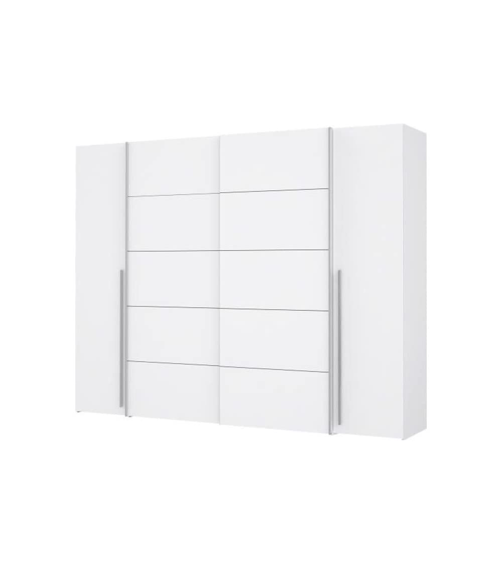 Forte Narago Schrank 270, weißer Kleiderschrank, Schwebetürenschrank mit Drehtüren, Weiß Matt, 270,3 cm breit x 210,5 cm hoch x 61,2 cm tief