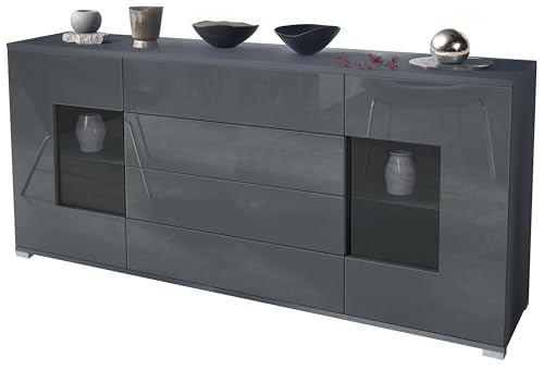 Vladon Buffet Dressoir Grömitz V2, Corps en Noir Mat/Façades en Gris Haute Brillance (166 x 72 x 35)