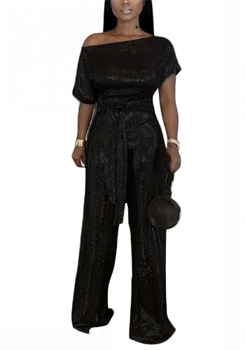 LKOUS Women's Off Shoulder Sequin Jumpsuit Sparkly Short Sleeve High Waisted Wide Leg Romper Beach Vacation Outfits