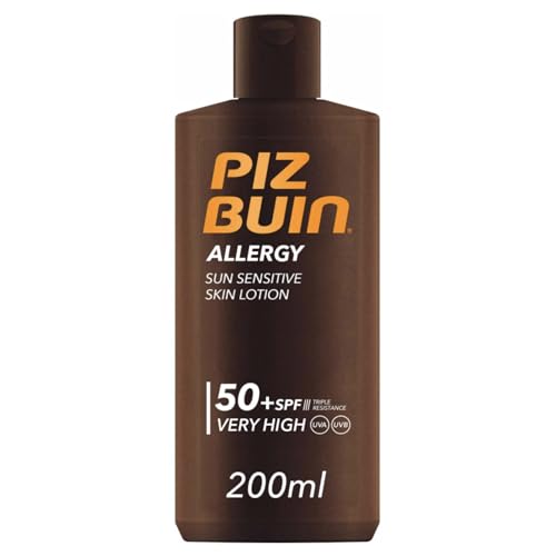 PIZ BUIN Allergy Sun Sensitive Skin Lotion FPS 50 (200 ml), protector solar corporal con FP50, protección solar muy alta para pieles sensibles, loción corporal con filtros UVA/UVB