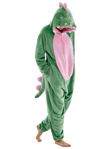 JUOLOET Unisex Adult Onesie Pajamas Dinosaur Animal One Piece Snug Fit Halloween Costume Sleepwear Homewear（Light Green Dinosaur,XX-Large）