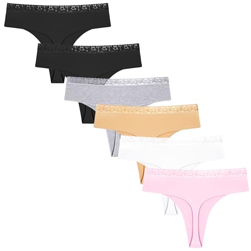 ALL OF ME Unterhosen Damen Baumwolle Spitze String Tanga Sexy Unterwäsche Frauen Atmungsaktiv Panties Hipster Mehrpack Baumwoll Underwear Weich 6er Pack XS-XL M
